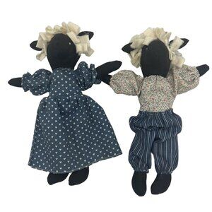 2 Folk Art Primitive Handmade Black Sheep Boy Girl Dress Pantaloons 8" Soft Toy